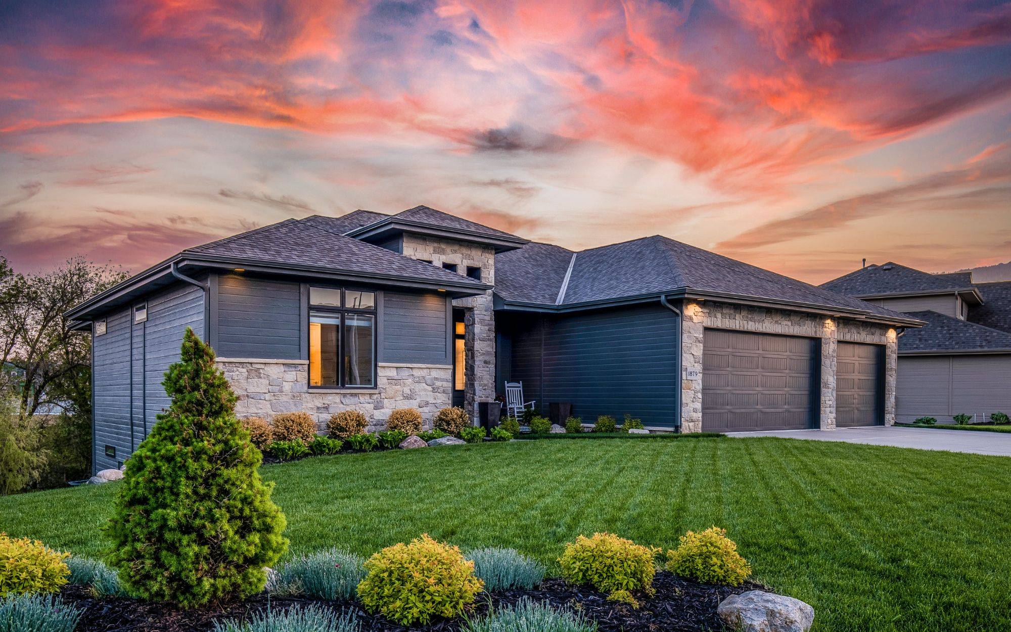 Luxury Home During Twilight Golden Hour With Pink
